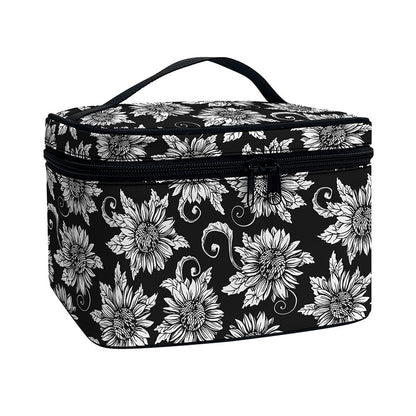 Black And White Vintage Sunflower Print Travel Makeup Bag