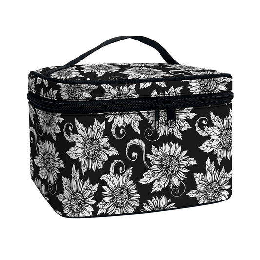Black And White Vintage Sunflower Print Travel Makeup Bag