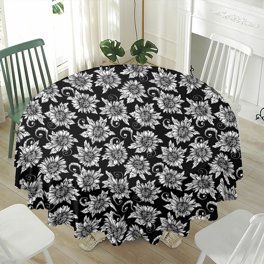 Black And White Vintage Sunflower Print Waterproof Round Tablecloth