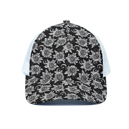Black And White Vintage Sunflower Print White Mesh Trucker Cap