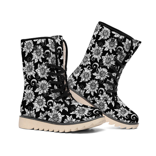 Black And White Vintage Sunflower Print Winter Boots