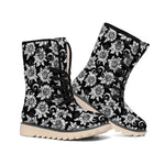Black And White Vintage Sunflower Print Winter Boots
