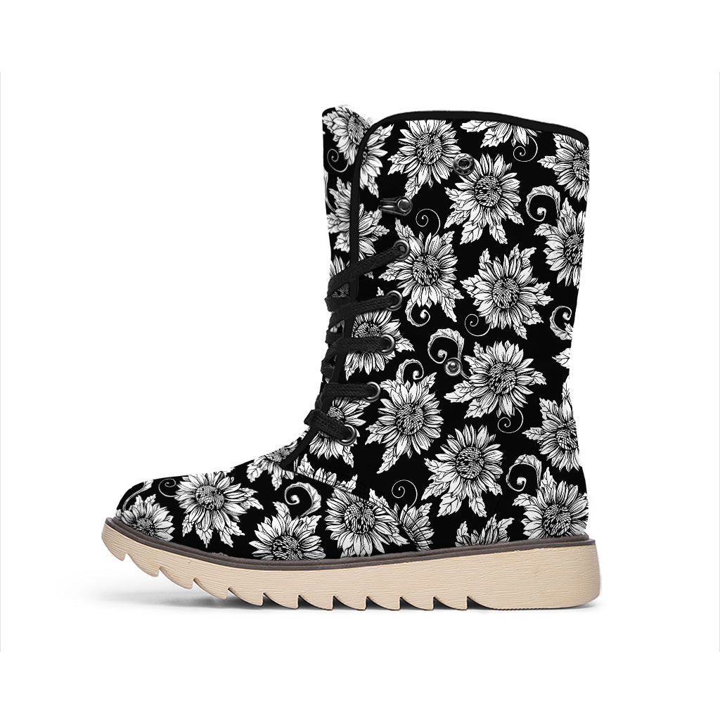 Black And White Vintage Sunflower Print Winter Boots