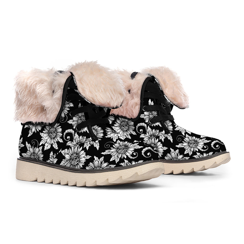 Black And White Vintage Sunflower Print Winter Boots