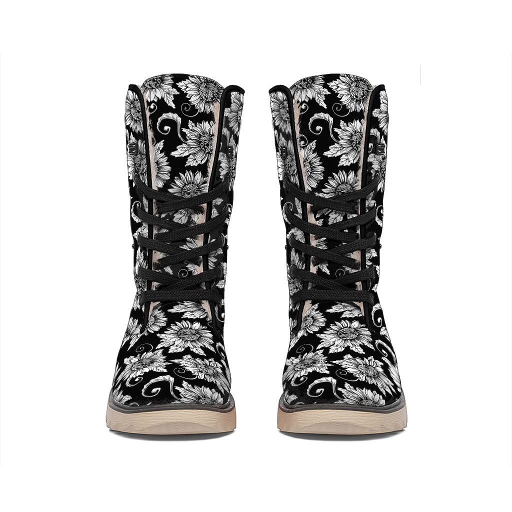 Black And White Vintage Sunflower Print Winter Boots