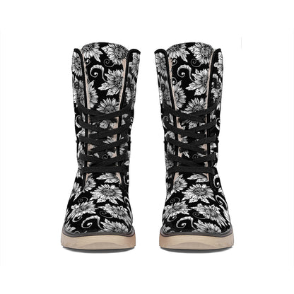 Black And White Vintage Sunflower Print Winter Boots