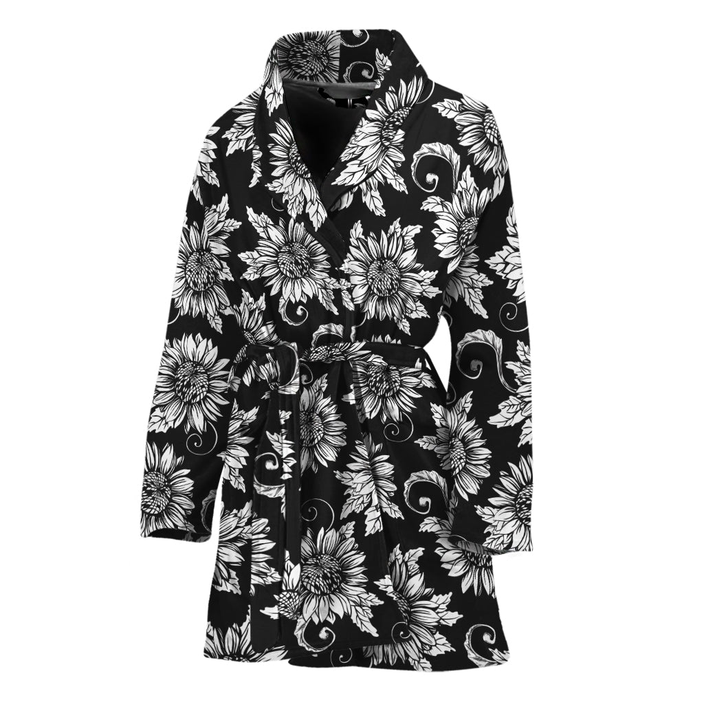 Black And White Vintage Sunflower Print Women's Bathrobe