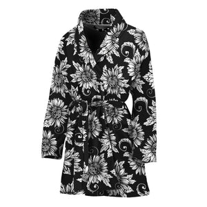 Black And White Vintage Sunflower Print Women's Bathrobe