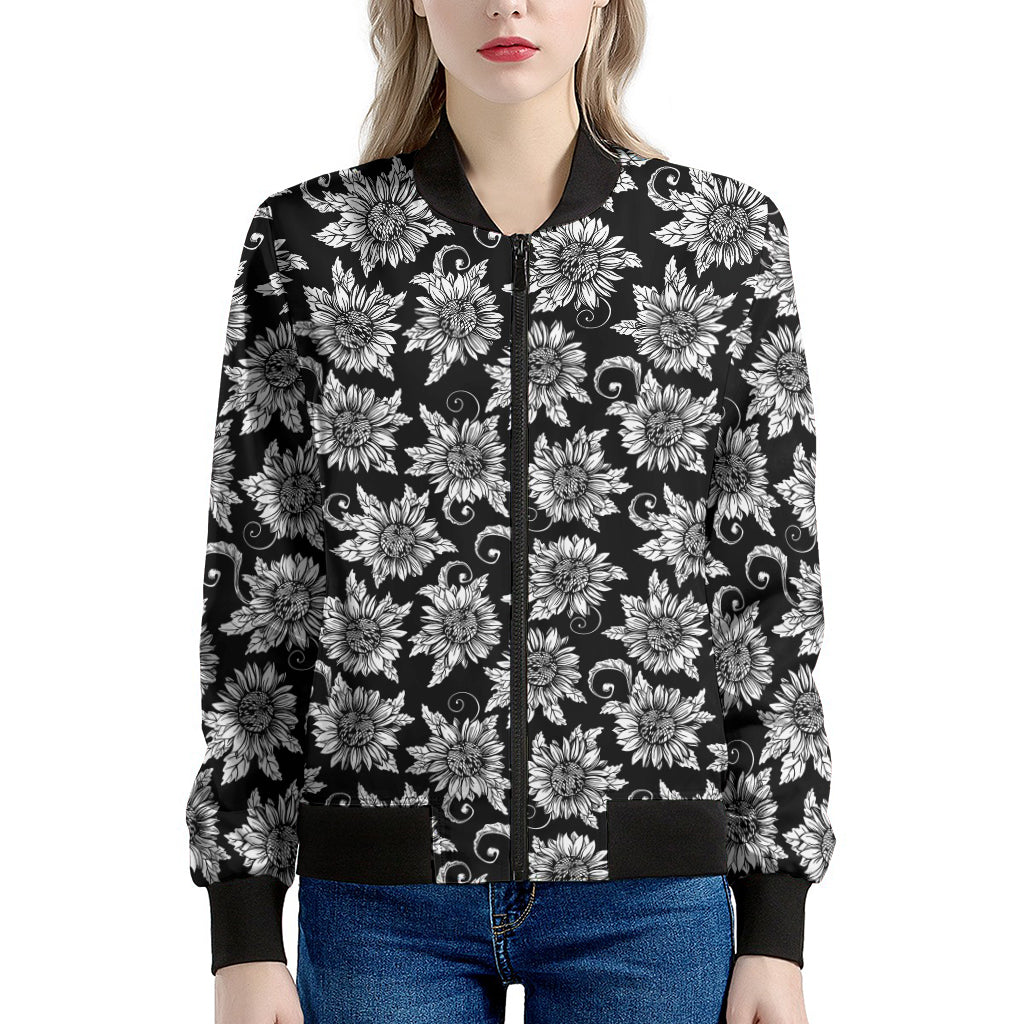 Black And White Vintage Sunflower Print Women's Bomber Jacket