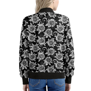 Black And White Vintage Sunflower Print Women's Bomber Jacket