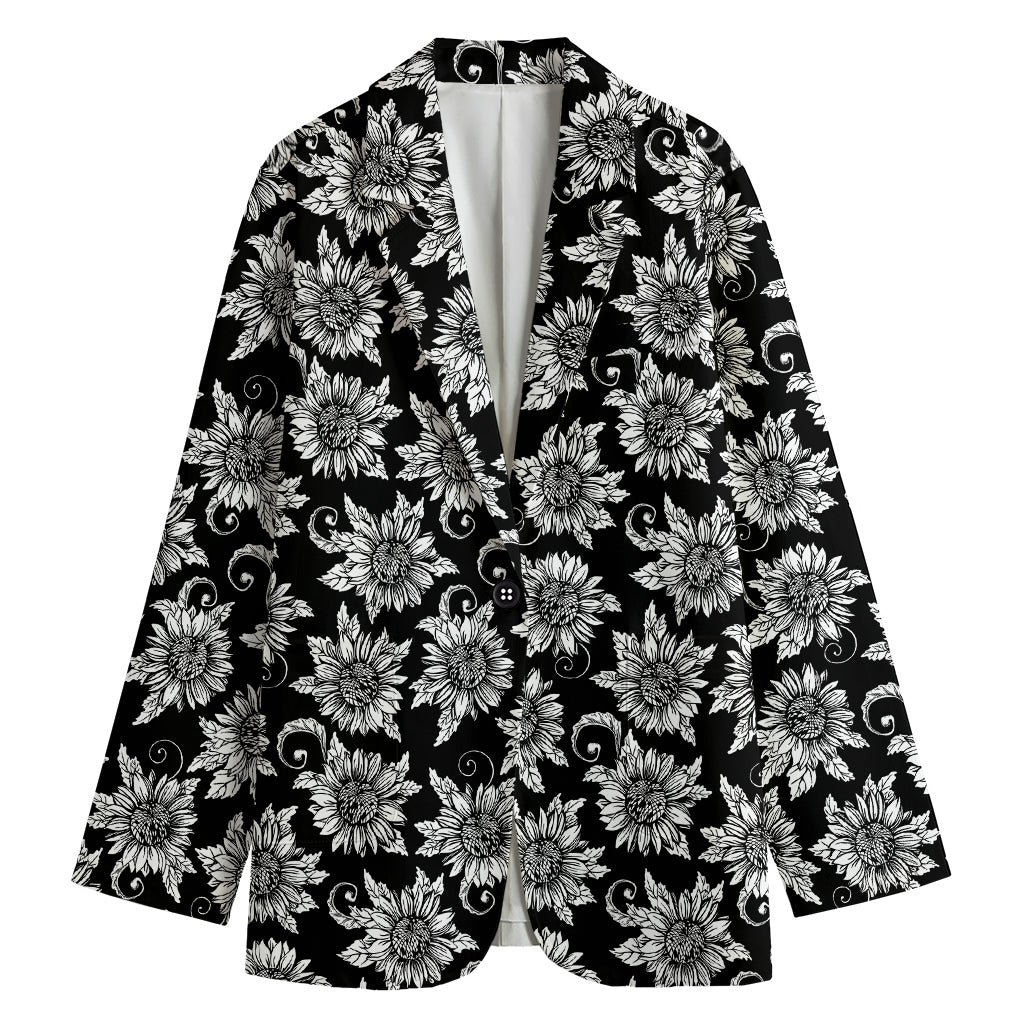 Black And White Vintage Sunflower Print Women's Cotton Blazer