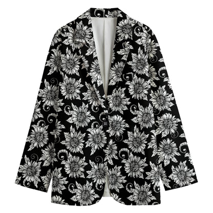 Black And White Vintage Sunflower Print Women's Cotton Blazer