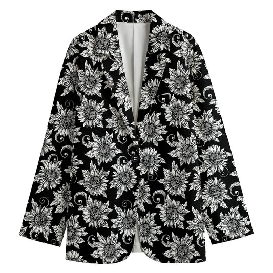 Black And White Vintage Sunflower Print Women's Cotton Blazer