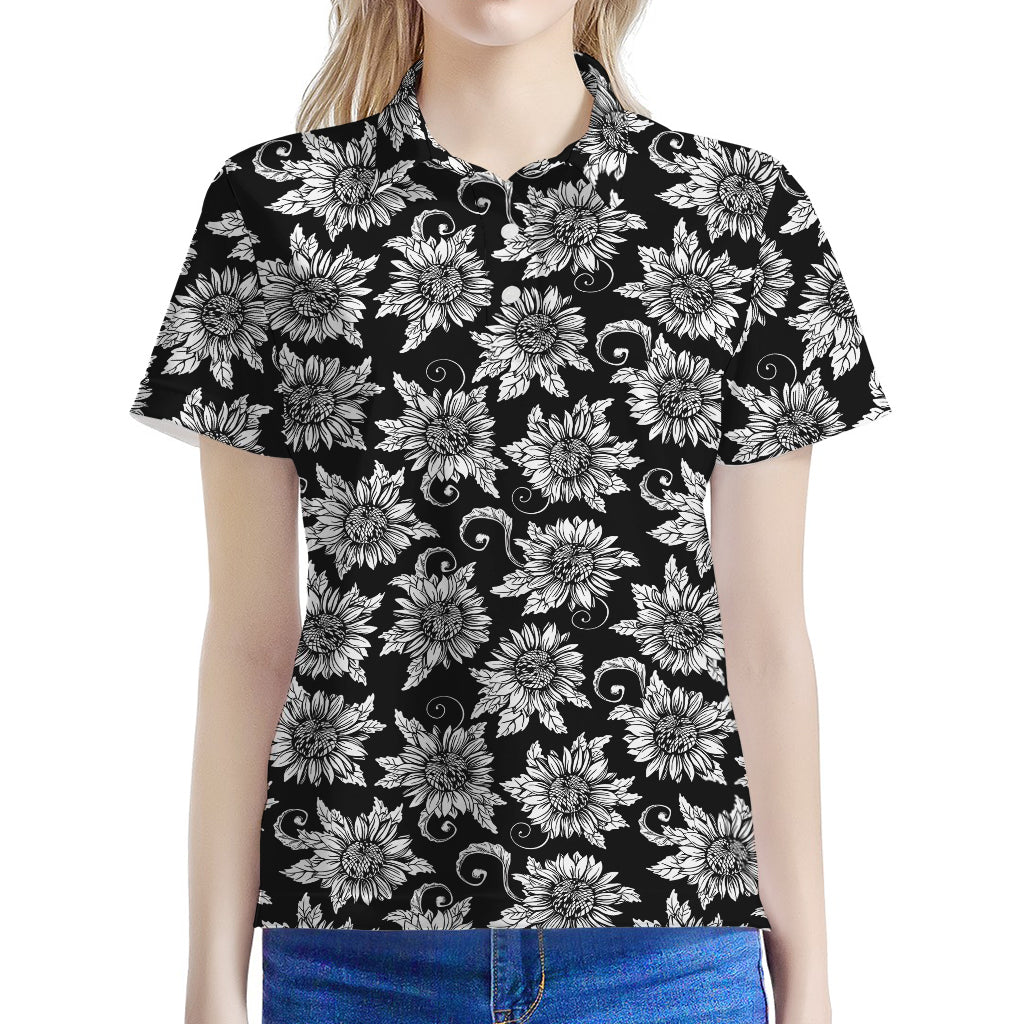 Black And White Vintage Sunflower Print Women's Polo Shirt