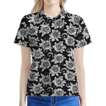 Black And White Vintage Sunflower Print Women's Polo Shirt