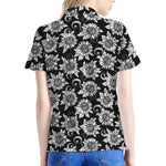Black And White Vintage Sunflower Print Women's Polo Shirt