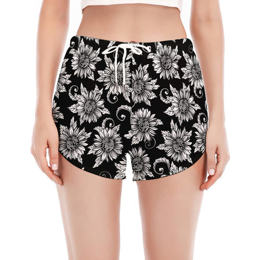 Black And White Vintage Sunflower Print Women's Split Running Shorts