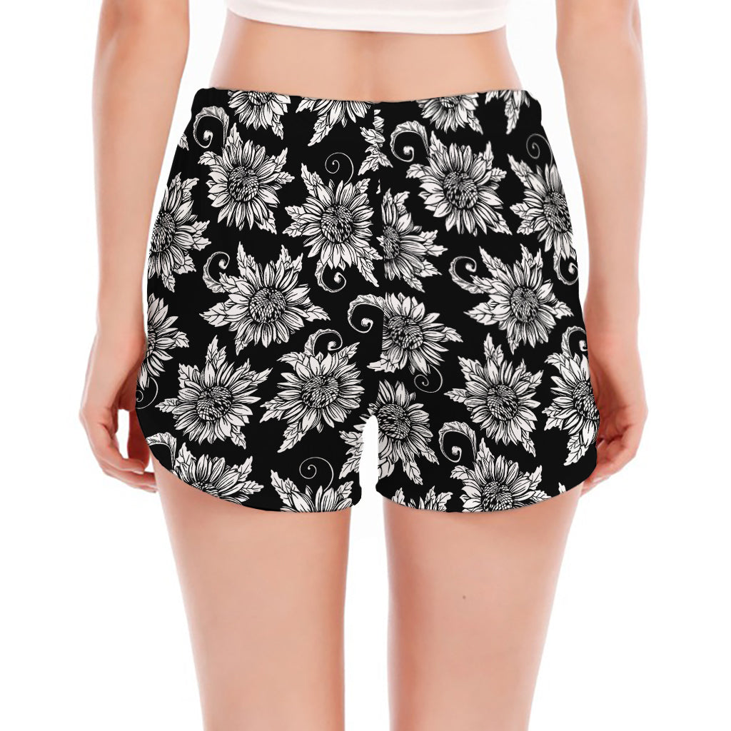 Black And White Vintage Sunflower Print Women's Split Running Shorts