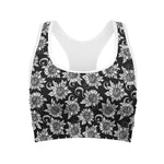 Black And White Vintage Sunflower Print Women's Sports Bra