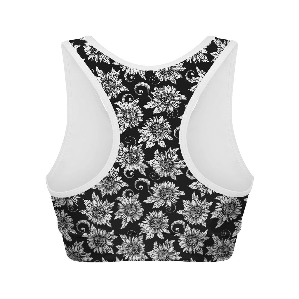 Black And White Vintage Sunflower Print Women's Sports Bra