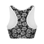 Black And White Vintage Sunflower Print Women's Sports Bra