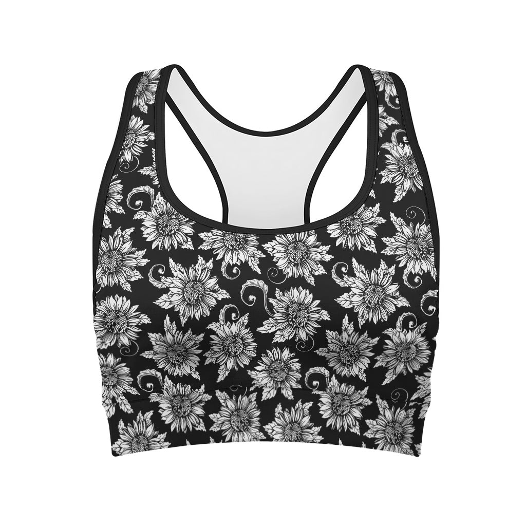 Black And White Vintage Sunflower Print Women's Sports Bra