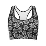 Black And White Vintage Sunflower Print Women's Sports Bra