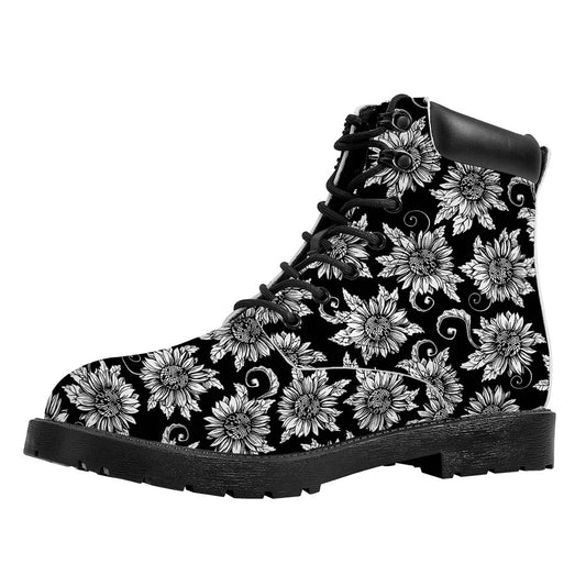 Black And White Vintage Sunflower Print Work Boots