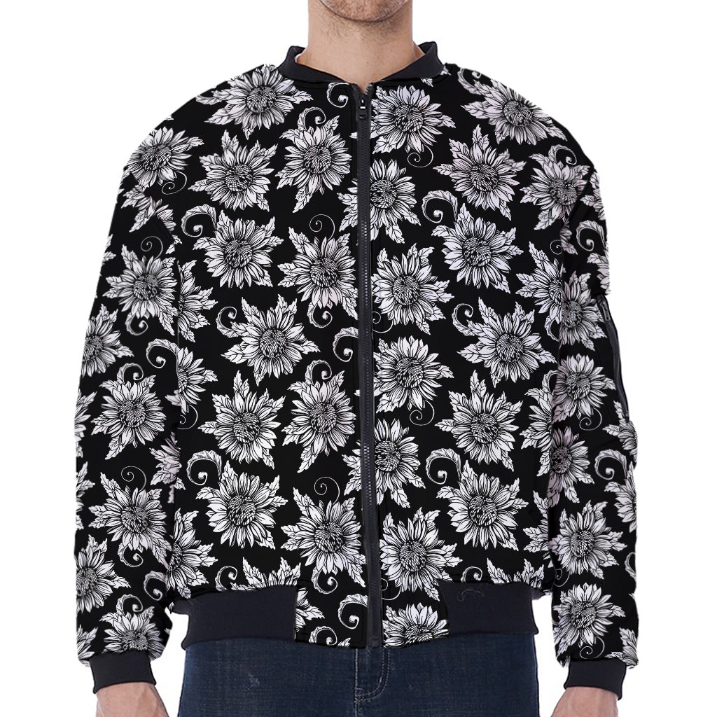 Black And White Vintage Sunflower Print Zip Sleeve Bomber Jacket