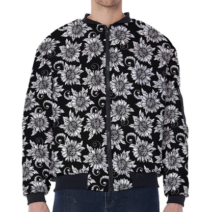 Black And White Vintage Sunflower Print Zip Sleeve Bomber Jacket