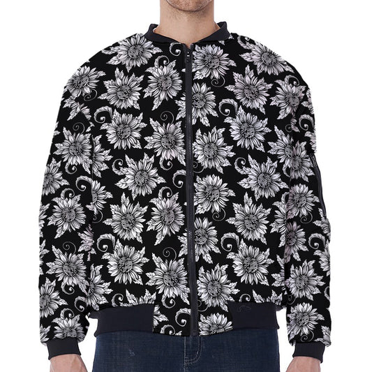 Black And White Vintage Sunflower Print Zip Sleeve Bomber Jacket