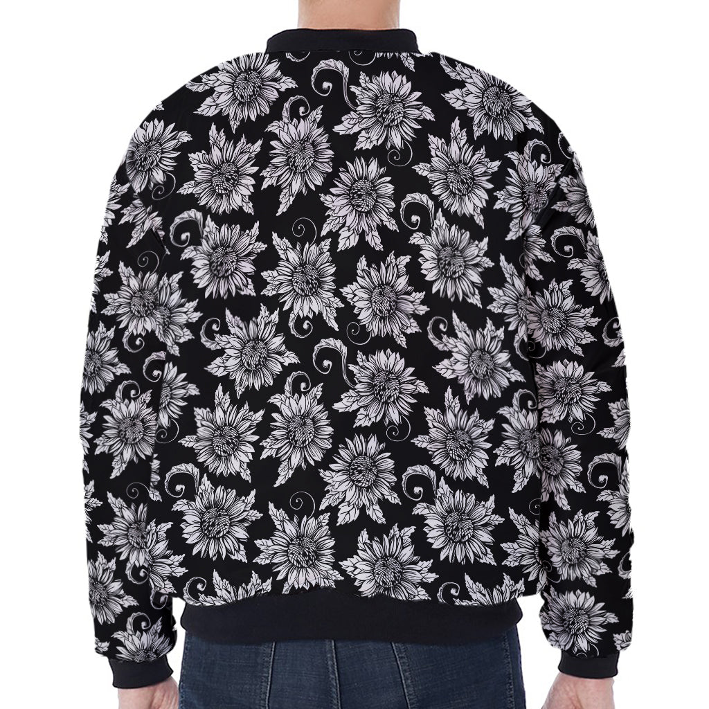 Black And White Vintage Sunflower Print Zip Sleeve Bomber Jacket