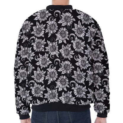 Black And White Vintage Sunflower Print Zip Sleeve Bomber Jacket