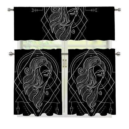 Black And White Virgo Sign Print 3 Piece Kitchen Curtains