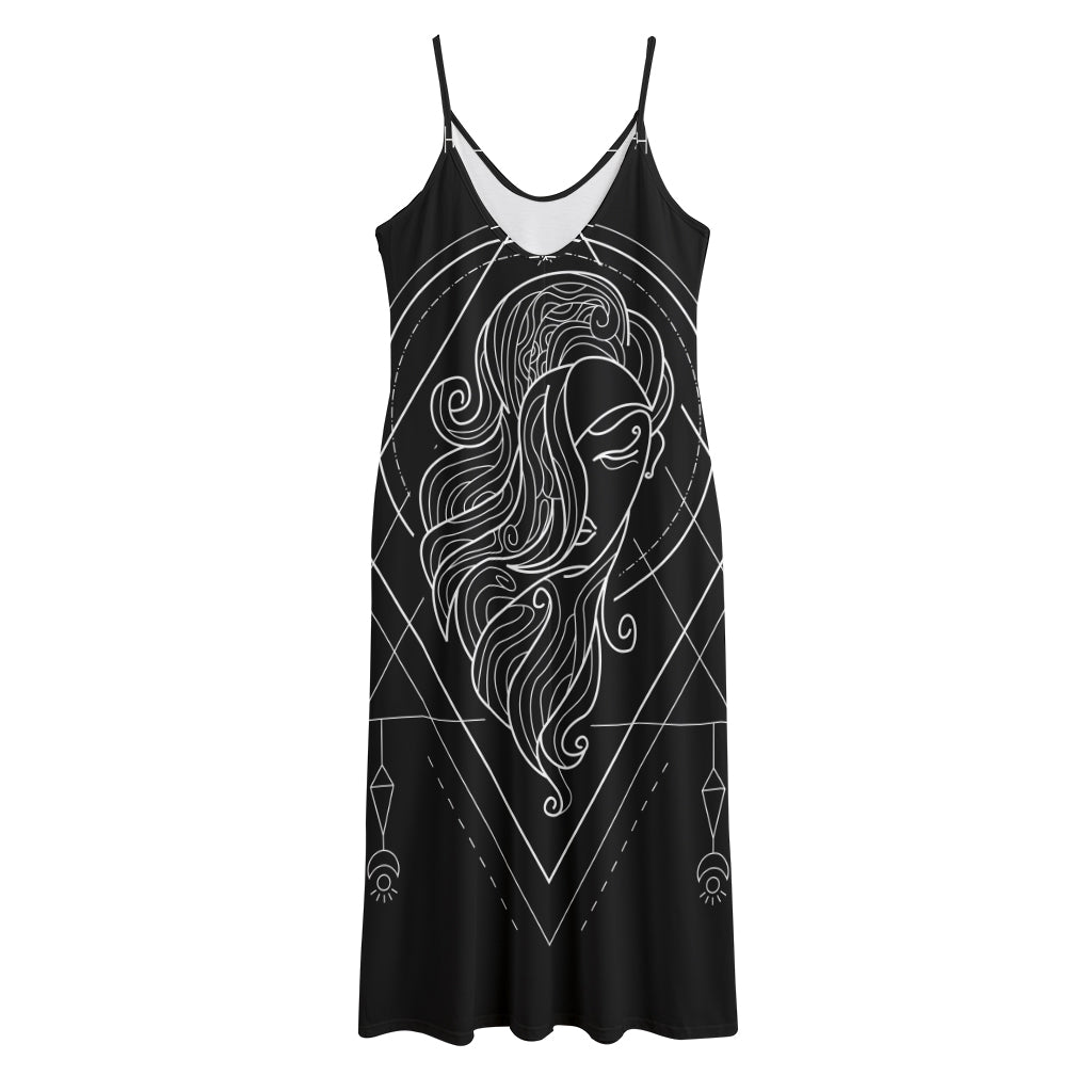 Black And White Virgo Sign Print Jersey Midi Cami Dress