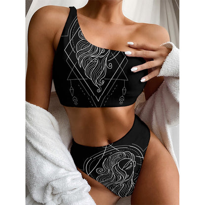 Black And White Virgo Sign Print One Shoulder Bikini Top