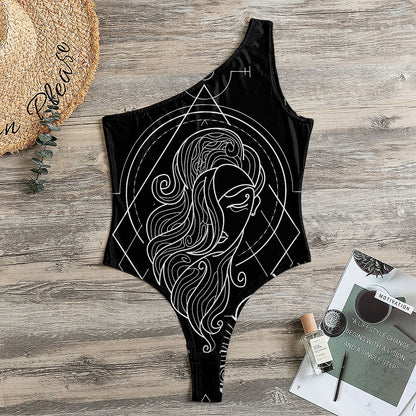 Black And White Virgo Sign Print One Shoulder Bodysuit