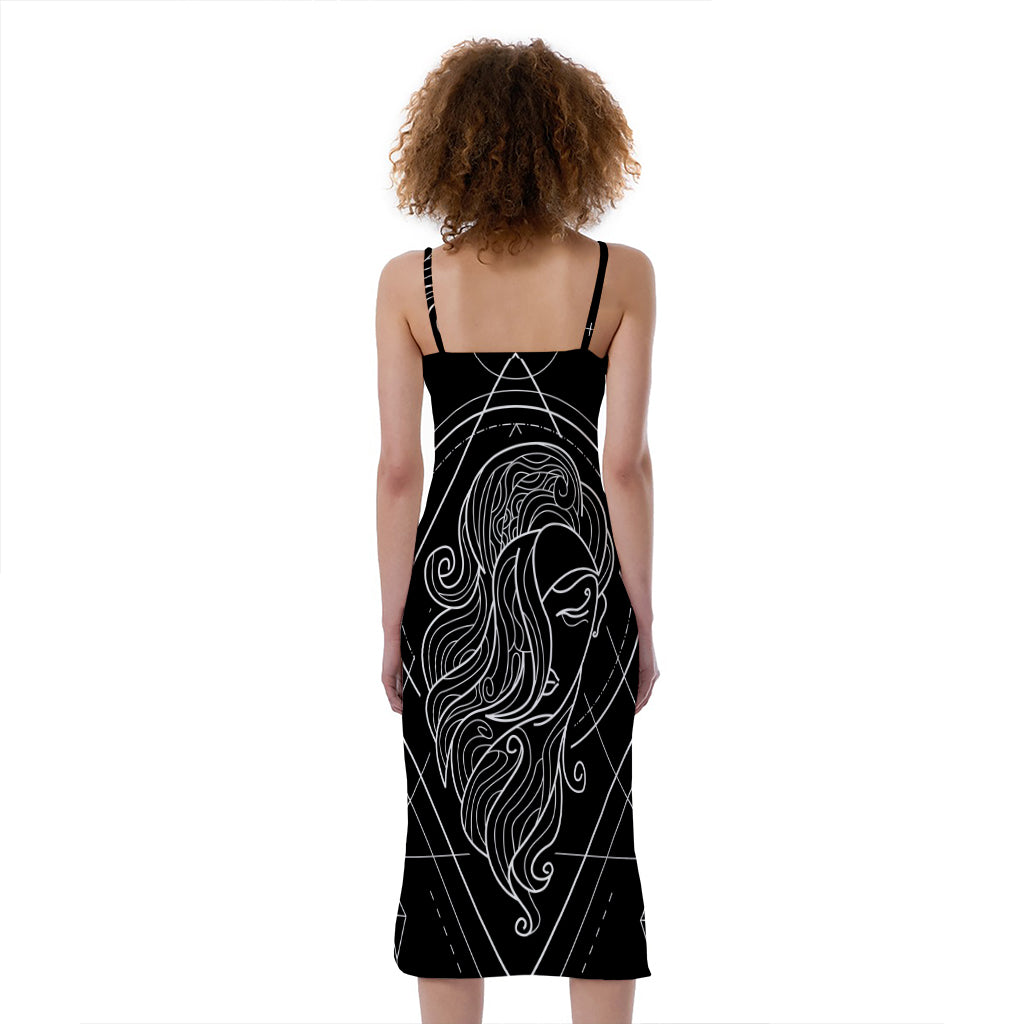 Black And White Virgo Sign Print Slim Fit Midi Cami Dress