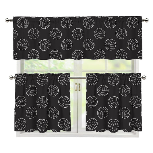 Black And White Volleyball Pattern Print 3 Piece Kitchen Curtains