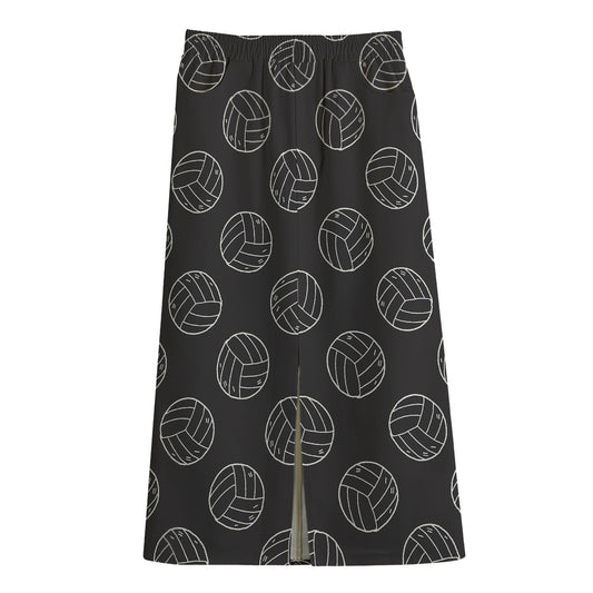 Black And White Volleyball Pattern Print Cotton Front Slit Maxi Skirt