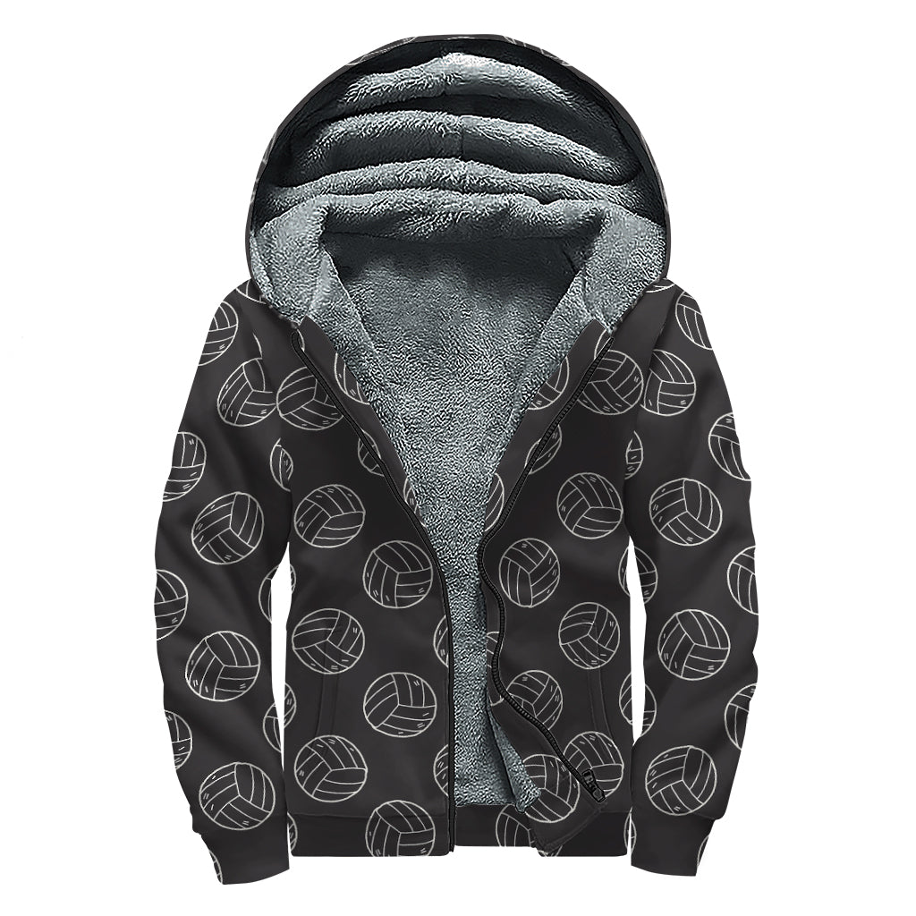 Black And White Volleyball Pattern Print Sherpa Lined Zip Up Hoodie