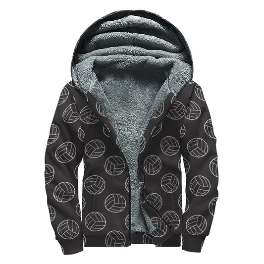 Black And White Volleyball Pattern Print Sherpa Lined Zip Up Hoodie
