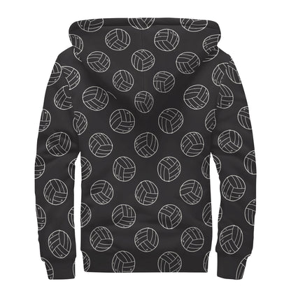 Black And White Volleyball Pattern Print Sherpa Lined Zip Up Hoodie