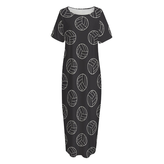 Black And White Volleyball Pattern Print Short Sleeve Long Nightdress