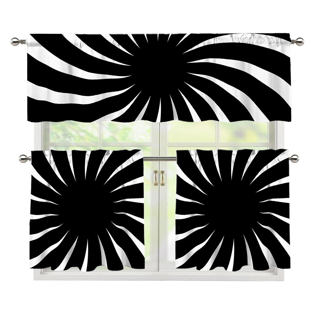 Black And White Vortex Swirl Print 3 Piece Kitchen Curtains