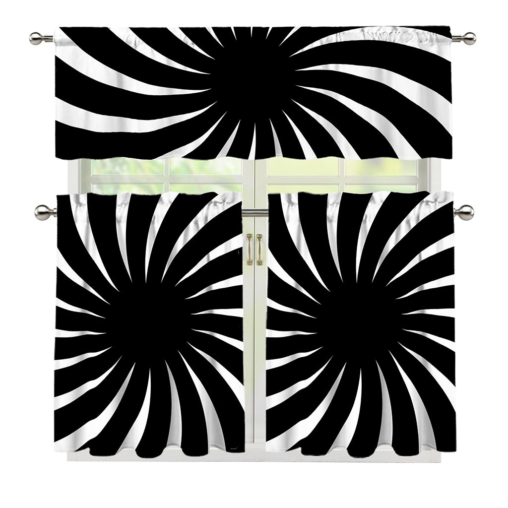 Black And White Vortex Swirl Print 3 Piece Kitchen Curtains