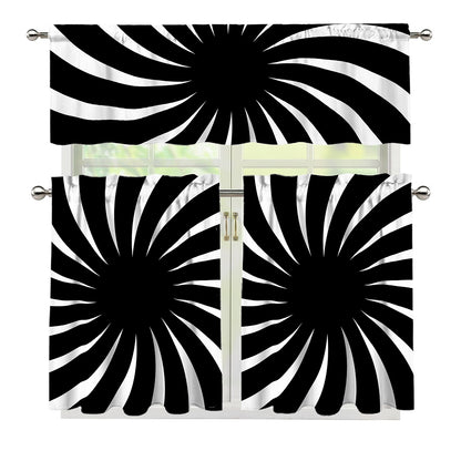 Black And White Vortex Swirl Print 3 Piece Kitchen Curtains