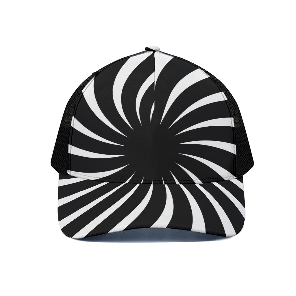 Black And White Vortex Swirl Print Black Mesh Trucker Cap