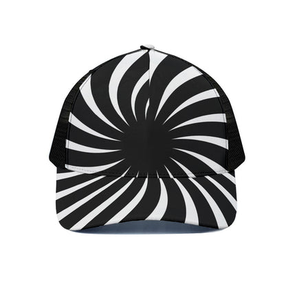 Black And White Vortex Swirl Print Black Mesh Trucker Cap