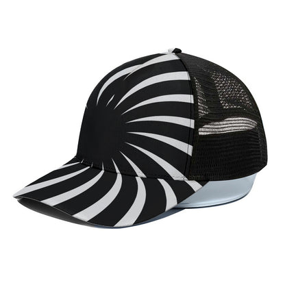 Black And White Vortex Swirl Print Black Mesh Trucker Cap